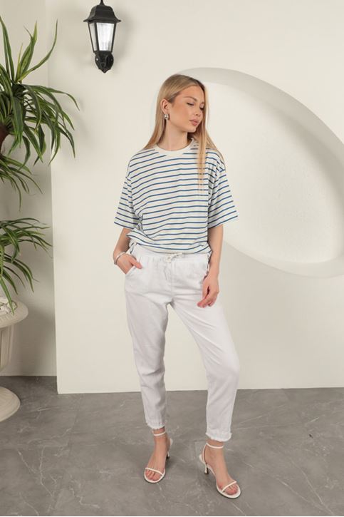 Gabardin Kumaş Püsküllü Kadın Pantolon-Beyaz