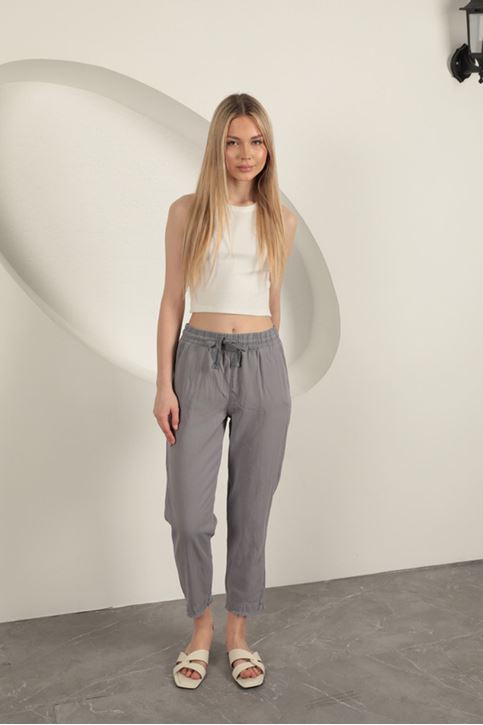 Gabardin Kumaş Püsküllü Kadın Pantolon-Gri