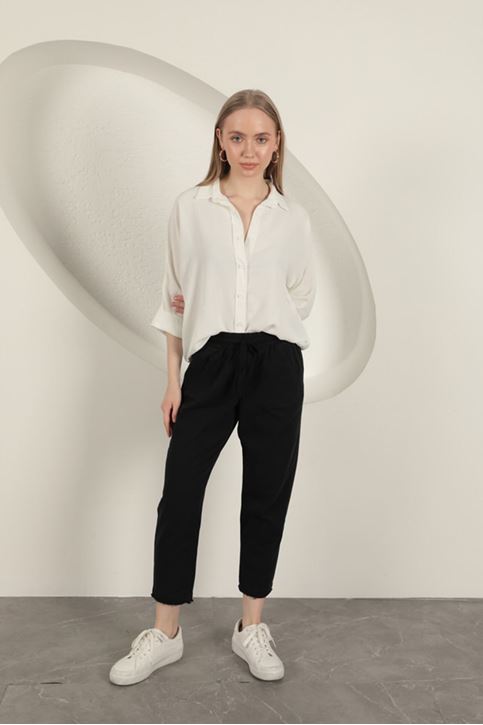 Gabardin Kumaş Püsküllü Kadın Pantolon-Siyah