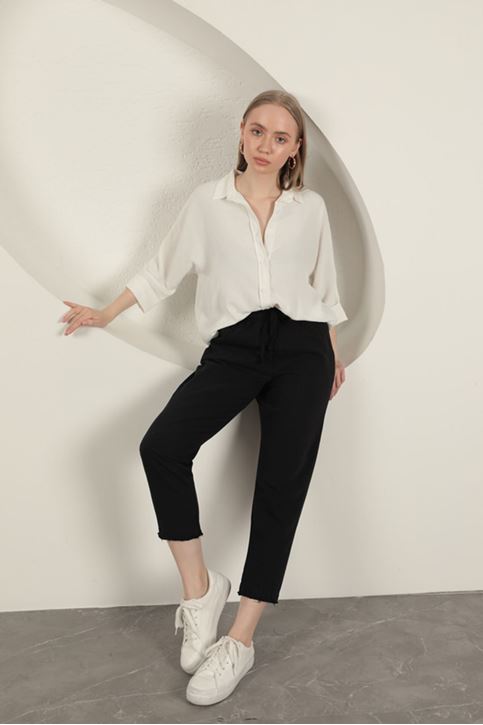 Gabardin Kumaş Püsküllü Kadın Pantolon-Siyah