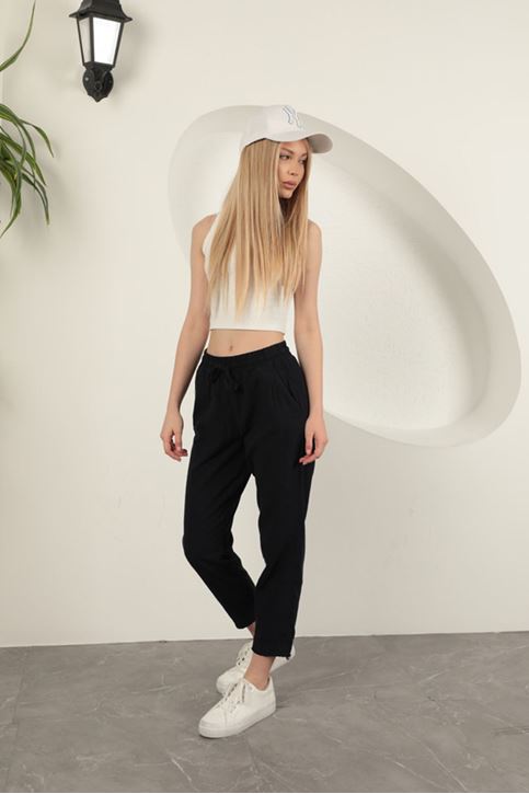 Keten Kumaş Püsküllü Paça Kadın Pantolon-Lacivert