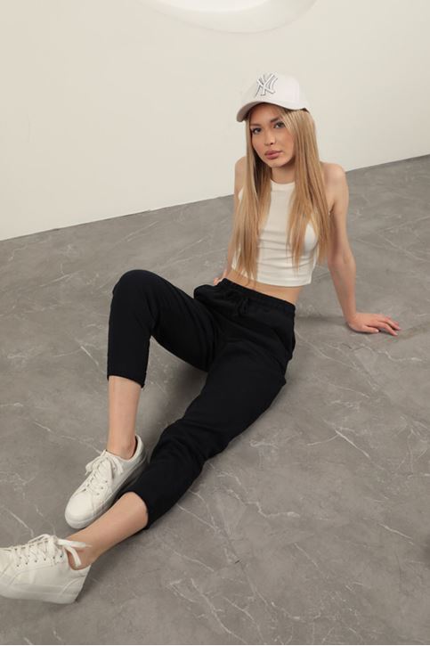 Keten Kumaş Püsküllü Paça Kadın Pantolon-Lacivert