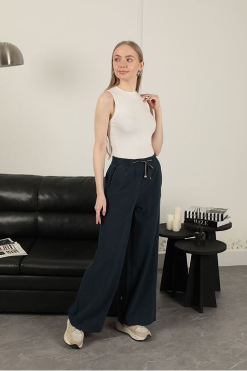 Keten Kumaş Bol Paça Kadın Pantolon-Lacivert