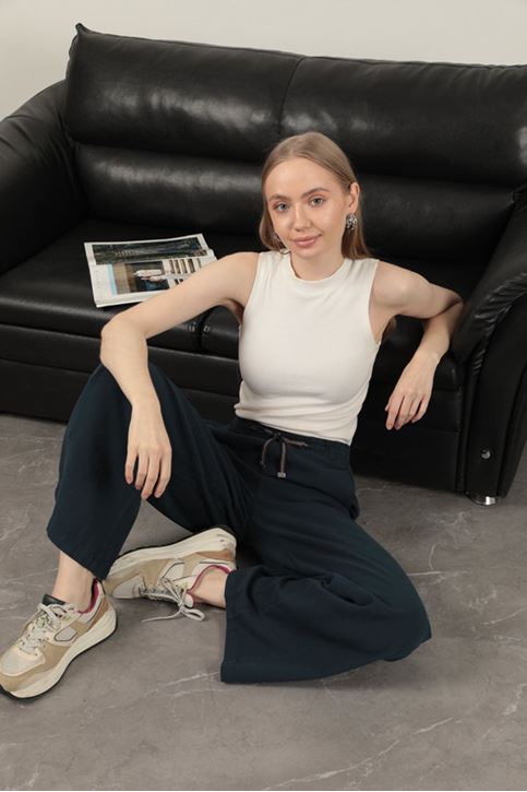 Keten Kumaş Bol Paça Kadın Pantolon-Lacivert