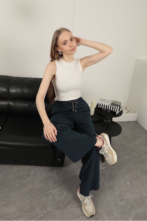 Keten Kumaş Bol Paça Kadın Pantolon-Lacivert