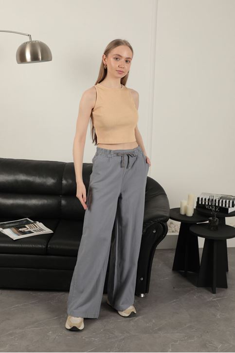 Keten Kumaş Bol Paça Kadın Pantolon-Gri