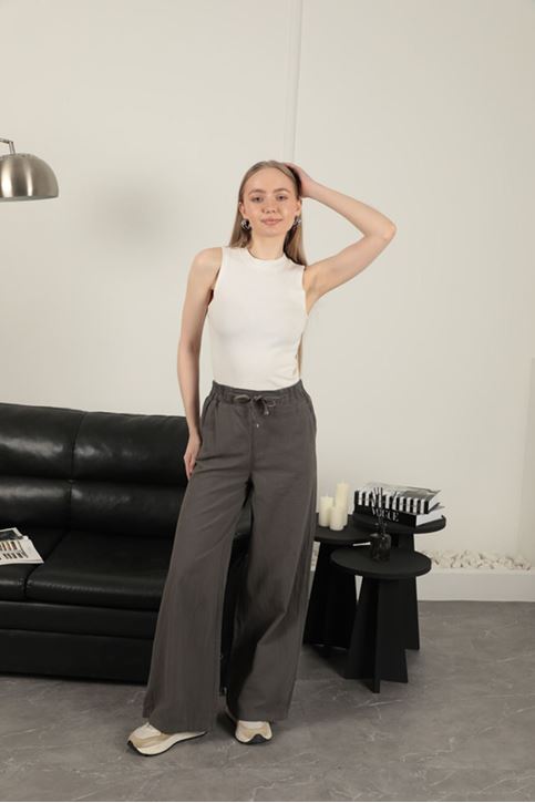 Keten Kumaş Bol Paça Kadın Pantolon-Antrasit