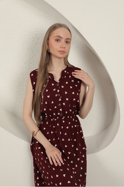Viskon Kumaş Kalp Desenli Elbise-Bordo