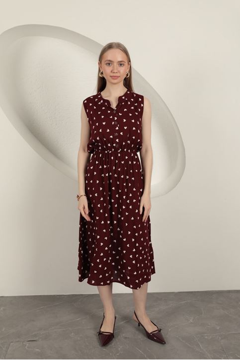 Viskon Kumaş Kalp Desenli Elbise-Bordo
