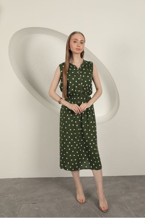 Viskon Kumaş Kalp Desenli Elbise-Haki