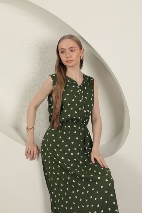 Viskon Kumaş Kalp Desenli Elbise-Haki