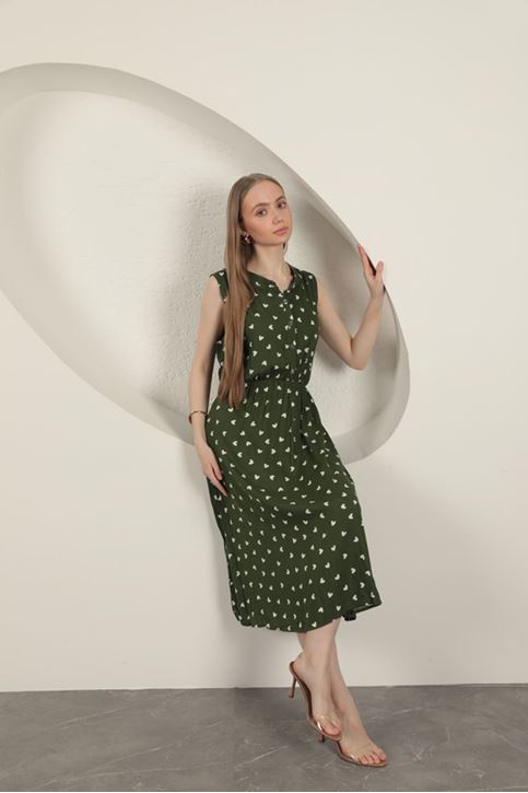 Viskon Kumaş Kalp Desenli Elbise-Haki