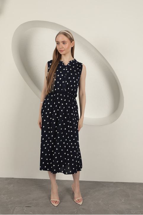 Viskon Kumaş Kalp Desenli Elbise-Lacivert