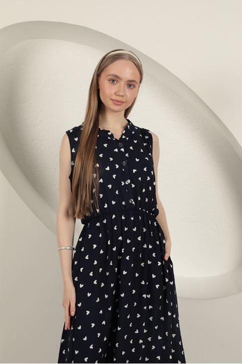 Viskon Kumaş Kalp Desenli Elbise-Lacivert