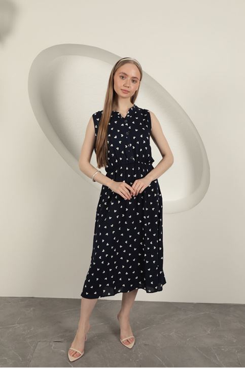 Viskon Kumaş Kalp Desenli Elbise-Lacivert