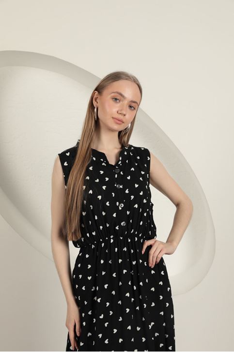 Viskon Kumaş Kalp Desenli Elbise-Siyah