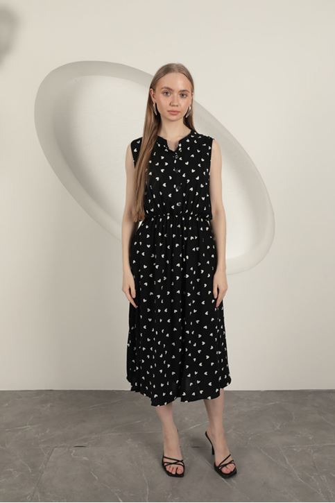 Viskon Kumaş Kalp Desenli Elbise-Siyah