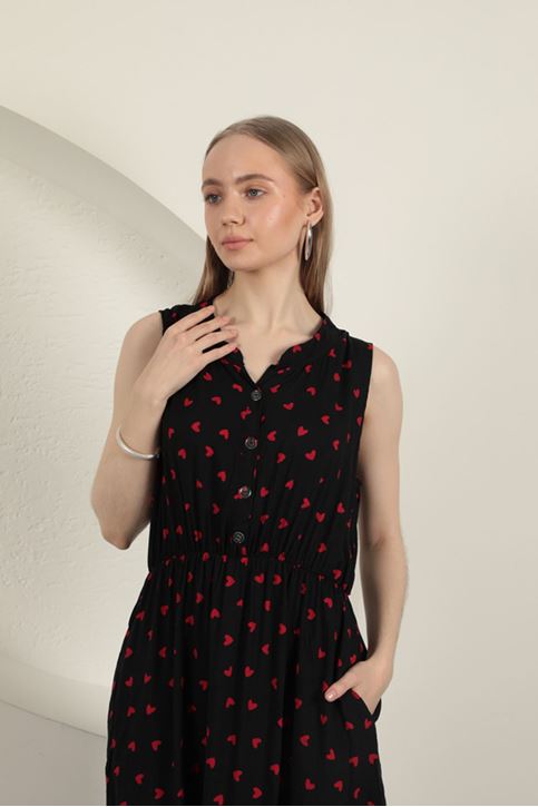 Viskon Kumaş Kalp Desenli Elbise-Siyah/Kırmızı
