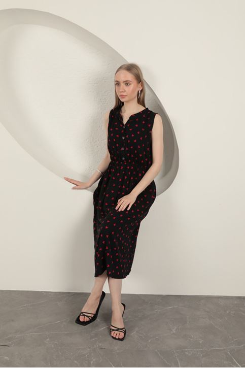 Viskon Kumaş Kalp Desenli Elbise-Siyah/Kırmızı