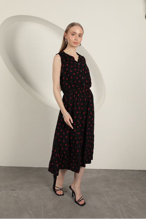 Viskon Kumaş Kalp Desenli Elbise-Siyah/Kırmızı