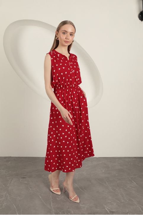 Viskon Kumaş Kalp Desenli Elbise-Kırmızı