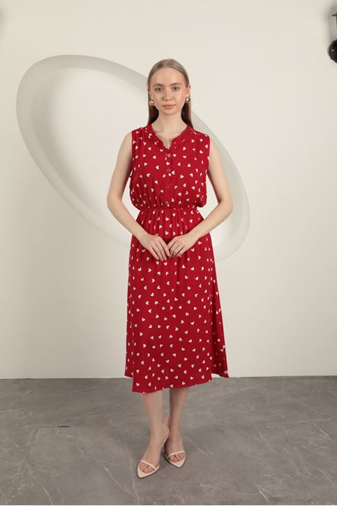 Viskon Kumaş Kalp Desenli Elbise-Kırmızı