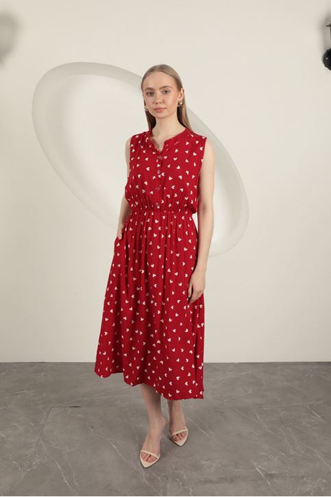 Viskon Kumaş Kalp Desenli Elbise-Kırmızı