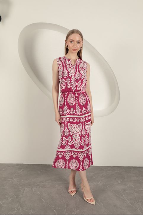 Viskon Kumaş Etnik Desenli Elbise-Fuşya