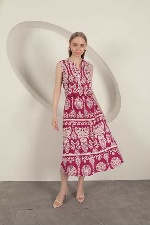 Viskon Kumaş Etnik Desenli Elbise-Fuşya