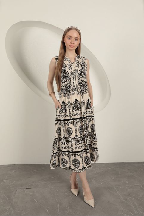 Viskon Kumaş Etnik Desenli Elbise-Ekru