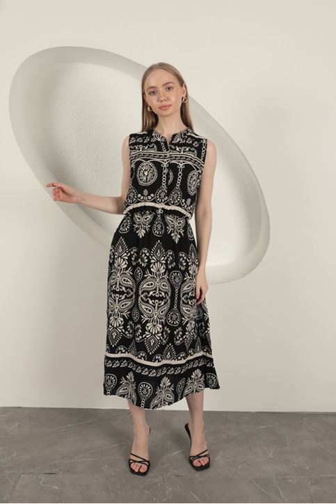 Viskon Kumaş Etnik Desenli Elbise-Siyah