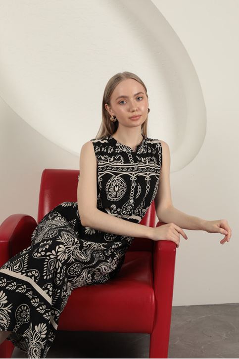 Viskon Kumaş Etnik Desenli Elbise-Siyah