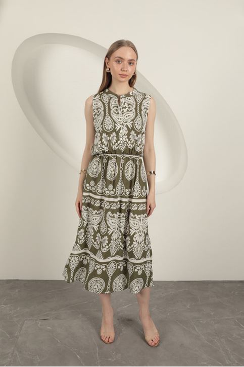 Viskon Kumaş Etnik Desenli Elbise-Haki