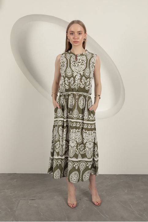 Viskon Kumaş Etnik Desenli Elbise-Haki