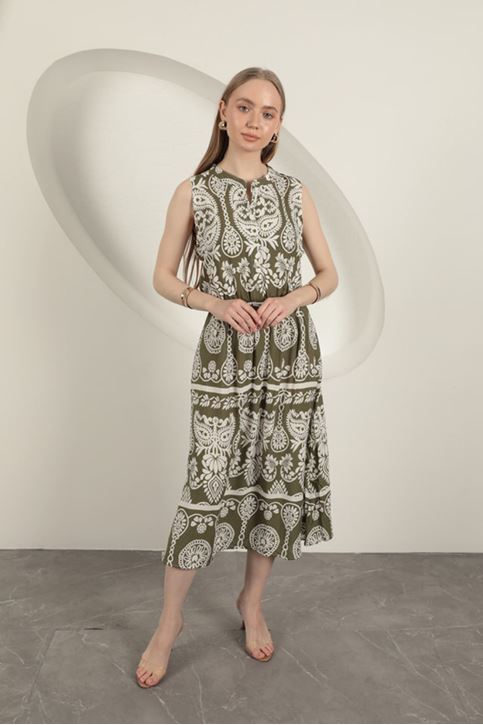 Платье с этническими узорами из вискозной ткани - хаки