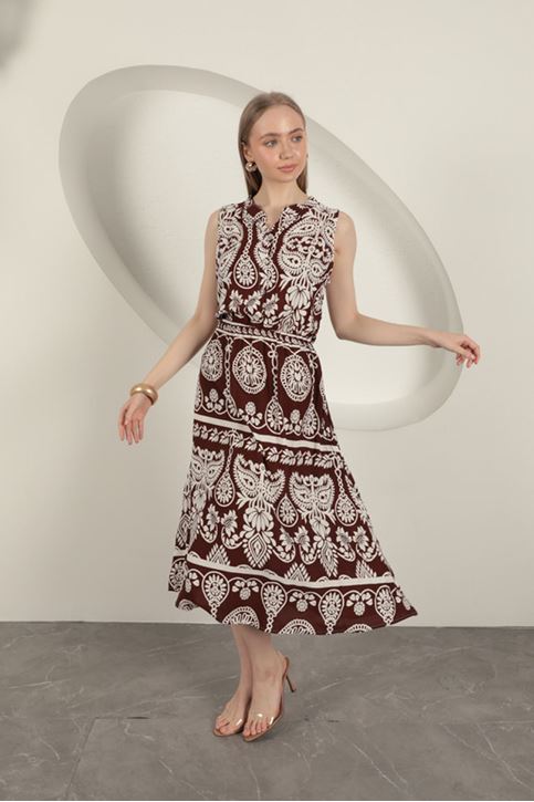 Viskon Kumaş Etnik Desenli Elbise-Kahve