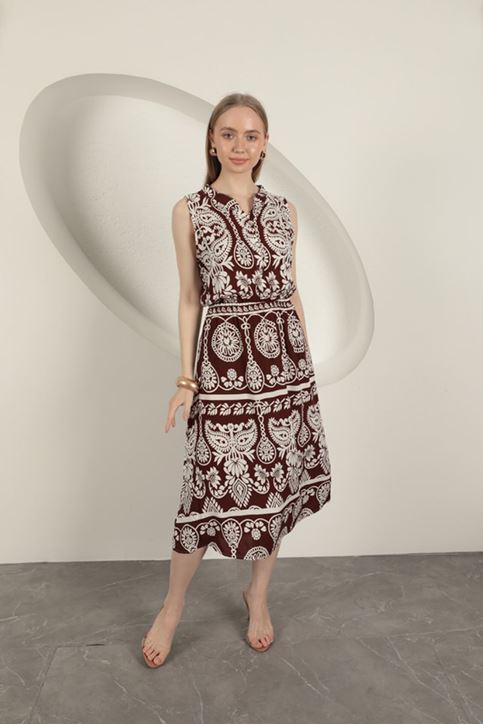 Viskon Kumaş Etnik Desenli Elbise-Kahve