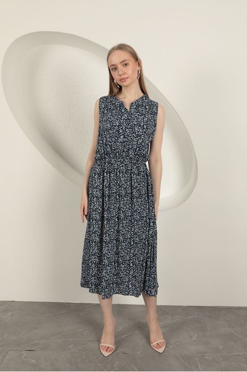 Viskon Kumaş Çıtır Desenli Elbise-Lacivert