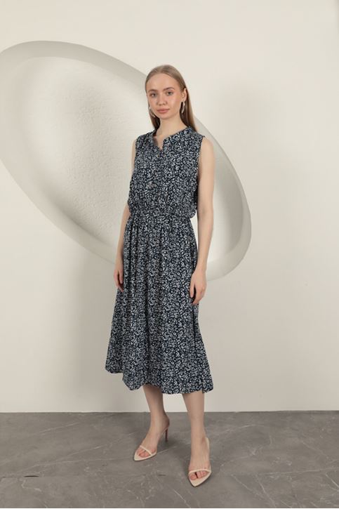 Viskon Kumaş Çıtır Desenli Elbise-Lacivert