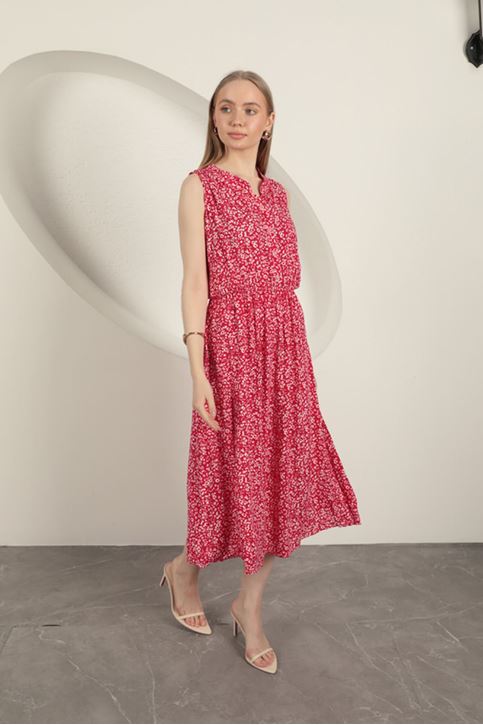 Viskon Kumaş Çıtır Desenli Elbise-Fuşya