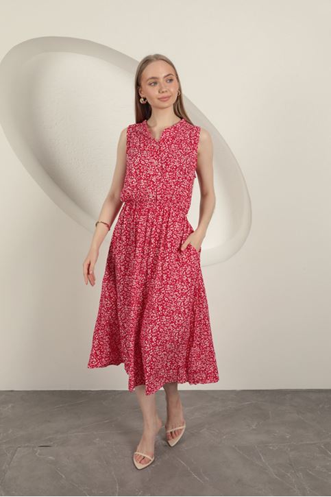 Viskon Kumaş Çıtır Desenli Elbise-Fuşya