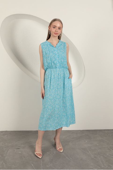 Viskon Kumaş Çıtır Desenli Elbise-Mavi