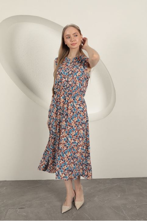 Viskon Çıtır Çiçek Desenli Elbise-Mavi