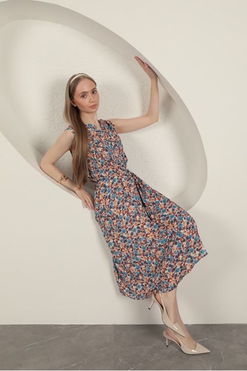 Viskon Çıtır Çiçek Desenli Elbise-Mavi