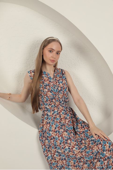 Viskon Çıtır Çiçek Desenli Elbise-Mavi