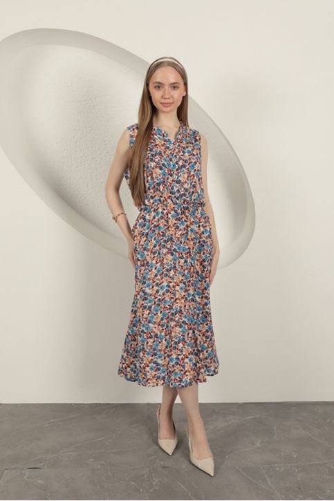 Viscose Crisp Floral Patterned Dress-Blue