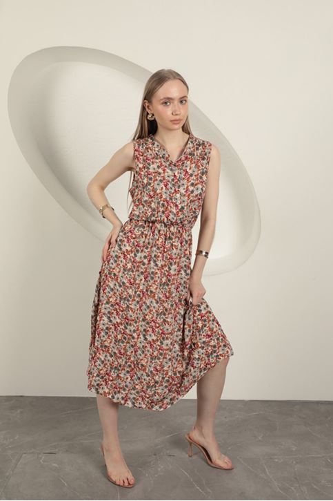 Viskon Çıtır Çiçek Desenli Elbise-Bej