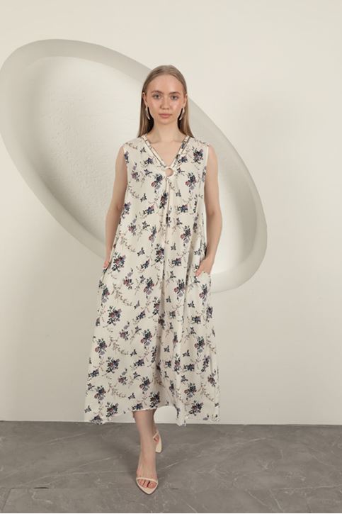 Viskon Kumaş Çiçek Desenli Elbise-Ekru