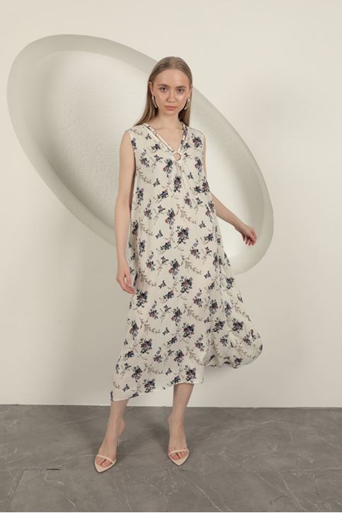 Платье с цветочным узором из вискозной ткани - экрю