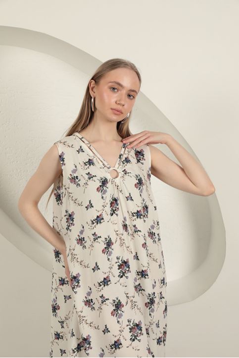 Viskon Kumaş Çiçek Desenli Elbise-Ekru
